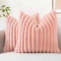 decorUhome Summer Cozy Faux Fur Throw Pillow Covers 18x18 Set of 2 Decorative Plush Striped Modern Farmhouse Boho Couch Pillow Cases with Velvet Back for Sofa Bed Living Room, Blush Pink