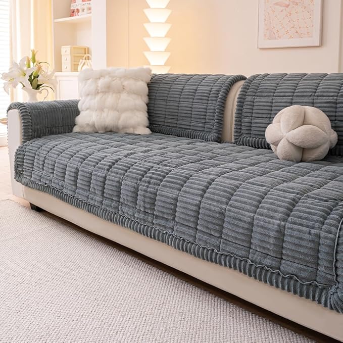 Couch Cover for Dogs Washable, Fuzzy Pet Couch Covers for 3 Cushion Sofa Pet Friendly, Non Slip Sofa Cover (Blue-Grey, 27.6" x 27.6"/70 x 70cm 2 PCS)