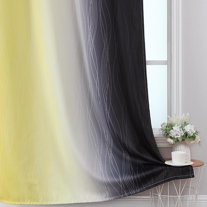 Estelar Textiler Black and Yellow Gradient Blackout Curtains for Bedroom, Thermal Insulated Ombre Blackout Drapes, Full Light Blocking Energy Saving Curtains for Living Room, 52Wx108L, 2 Panels