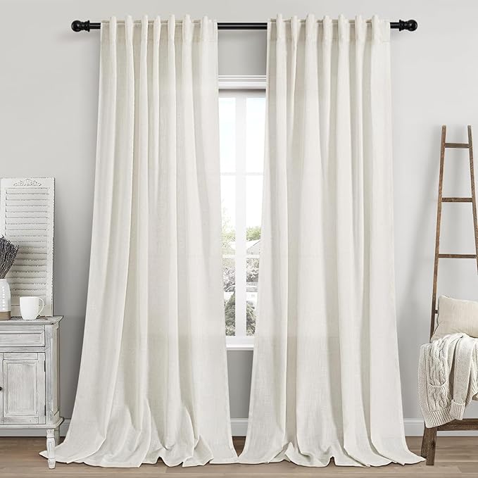 Nanspring Extra Long Curtains 2 Panels 104 Inches Long for Dinning Room Cream Back Tab Rod Pocket Light Filtering Semi Sheer Drapes Cotton Linen Textured Window Curtain for Bedroom 52x104