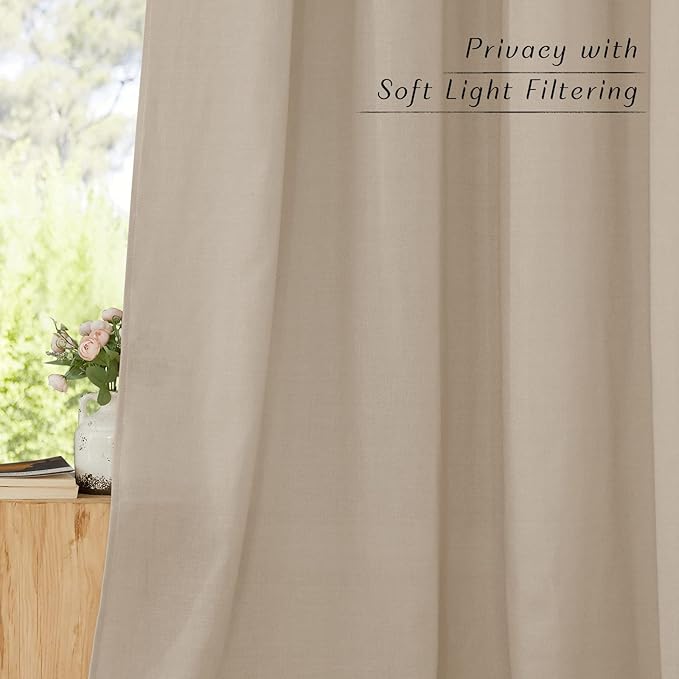 NICETOWN Linen Kitchen Window Curtains Over Sink, Grommet Privacy Added Thick Linen Curtains with Some Light Filtering Burlap Drapes for Home Office/Bedroom, Taupe, 2 Panels, W55 x L54