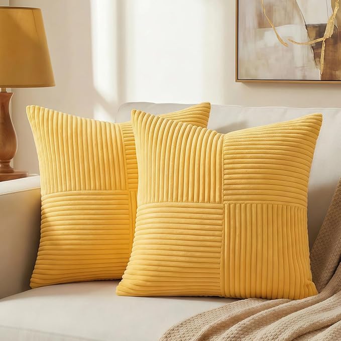 Fancy Homi 2 Packs Yellow Decorative Throw Pillow Covers 22x22 Inch for Living Room Couch Bed Sofa, Rustic Farmhouse Boho Home Decor, Soft Corss Corduroy Patchwork Accent Square Cushion Case 55x55 cm