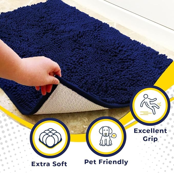 Muddy Mat® | Super Absorbent Door Mat Indoor, Microfiber Quick Dry Chenille Entryway Rug, Non-Slip Front Door Mat, Indoor Mats for Entryway, Machine Washable Pet Rug, Navy Blue 24"x72"