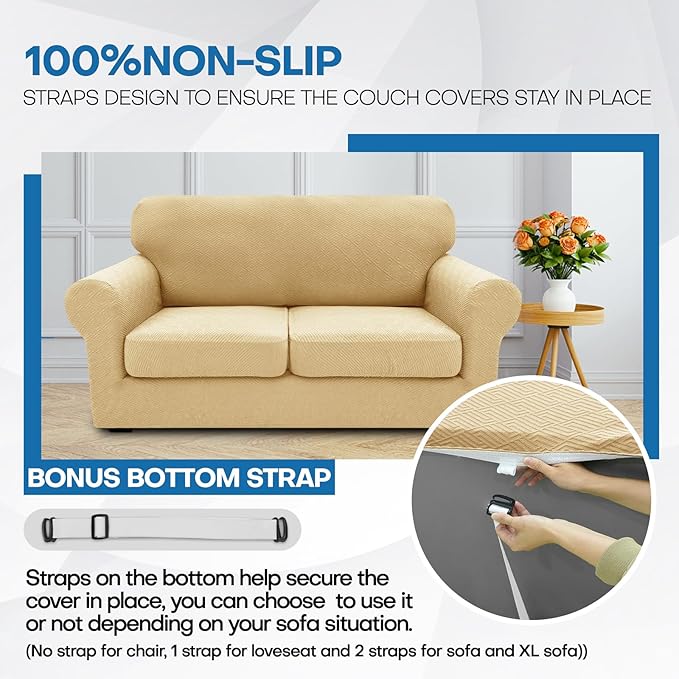 XINEAGE 2026 New 4 Pieces Extra Large Couch Covers for 3 Cushion Sofa Super Stretch Sofa Cover for 3 Large Seat Cushion Universal Fitted Slip Cover for Living Room (Beige), 91"-110"(3 Cushions)