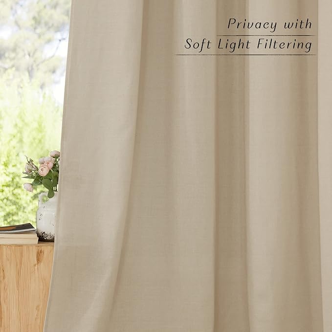 NICETOWN Linen Flax Semi Sheer Curtains 92" Length, Grommet Window Treatments Privacy Added with Light Penetration Vertical Drapes for Loft/Home Office, Angora, W55 x L92, 2 Panels