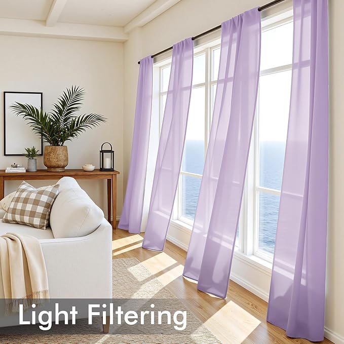 MIULEE Light Purple Sheer Curtains 90 Inches Long, 4 Panels Set, Lavender Light Filtering Rod Pocket Voile Drapes for Living Room and Bedroom, Airy Soft Fabric Window Treatments, 42 x 90 Inches