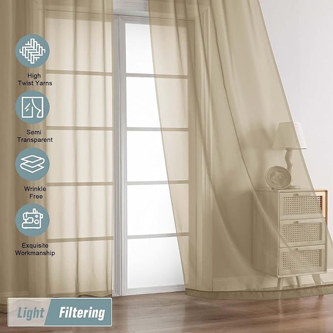 Taupe Sheer Curtains for Window 72 inches Long 2 Panels Set, Soft Airy Modern Light Filtering Sheer Curtains for Living Room Bedroom, Dual Rod Pocket Solid Window Drapes, 2x42Wx72L inches