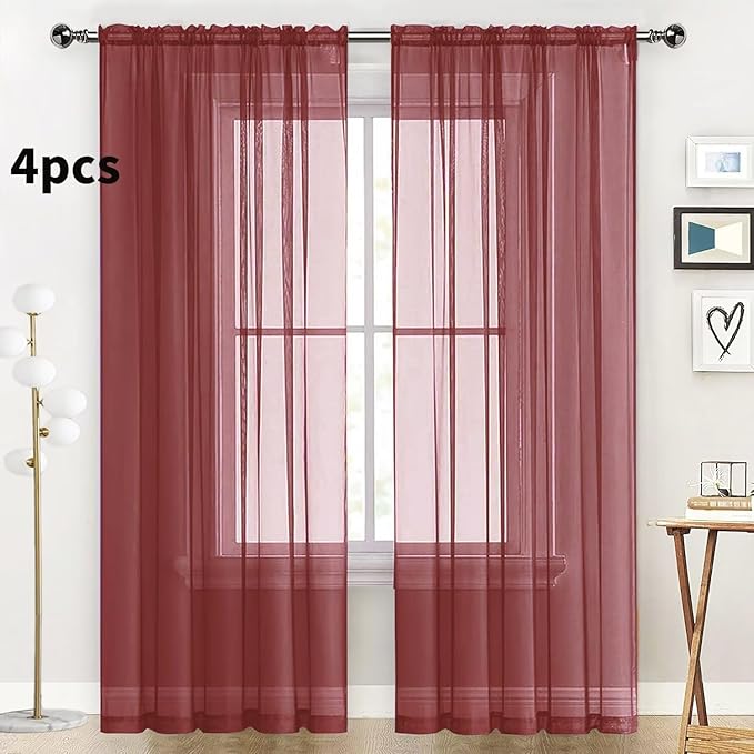 SpaceDresser Burgundy Sheer Curtains 4 Panels Rod Pocket Semi-Sheer Curtain 90 Inches Long Light Filtering Voile Window Drapes for Bedroom Living Room Kitchen, Each 52W x 90L