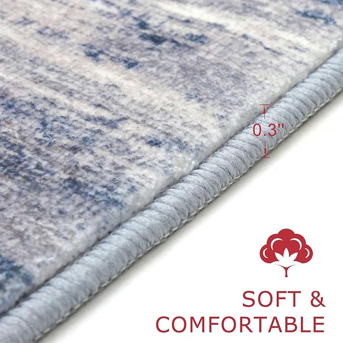 KOZYFLY 3x8 Ft Rug Modern Ombre Runner Rug for Hallway, Washable Kitchen Rugs Non-Slip Soft Striped Entryway Rug, Print Grey-Blue Abstract Carpet for Laundry Nursery