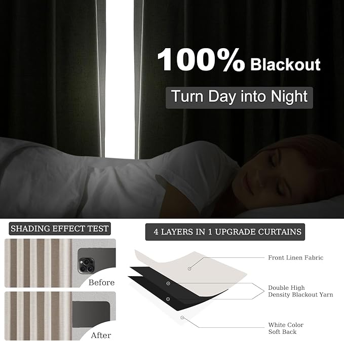 Topfinel 95 Inches Long Blackout Natural Linen Curtains for Bedroom Rustic Brown Pinch Pleat Sound Blocking Curtains Boho Farmhouse Lined Drapes 2 Panels for Living Room Sliding Door