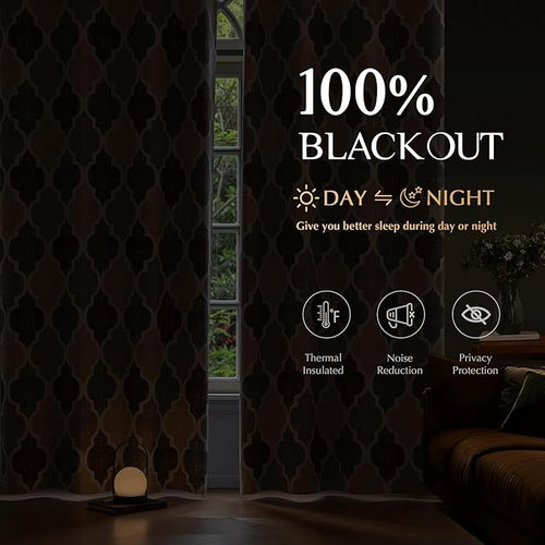 Beauoop 100% Blackout Curtains 72 Inches Long 2 Panels for Bedroom Living Room Brown Grey Moroccan Geo Room Darkening Thermal Insulated Soundproof Grommet Top Window Treatments Drapes, 50x72 Set of 2