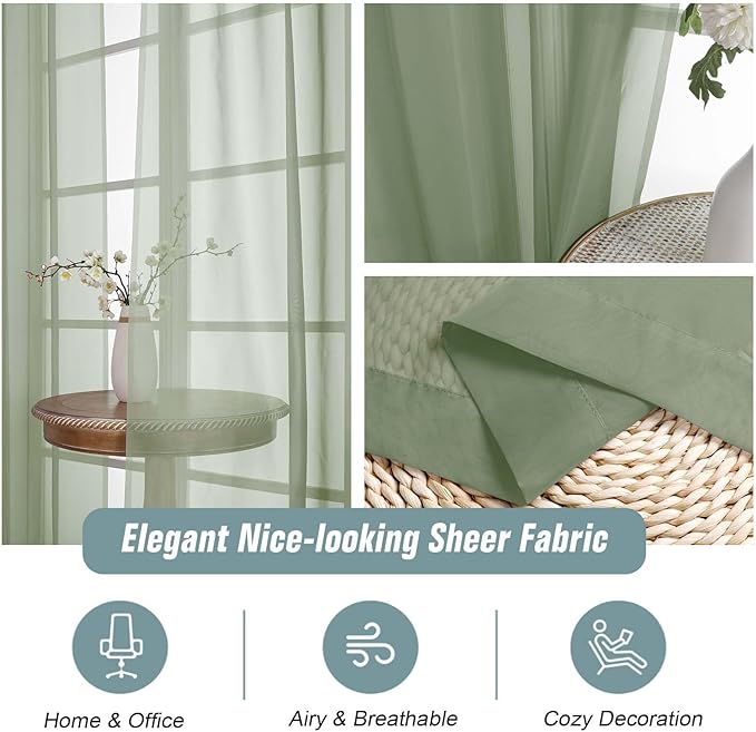 Sage Green Sheer Curtains for Window 96 Inches Long 2 Panels, Soft Airy Light Filtering Voile Sheer Curtains for Living Room Bedroom, Dual Rod Pocket Elegant Window Drapes, 2x42Wx96L Inches