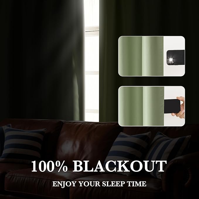 RYB HOME Bedroom Blackout Curtains 84 inches Long, 100% Blackout Thermal Insulated Noise Reducing Curtains for Living Room Nursury, 42 inches Wide by 84 inches Long, Sage Green