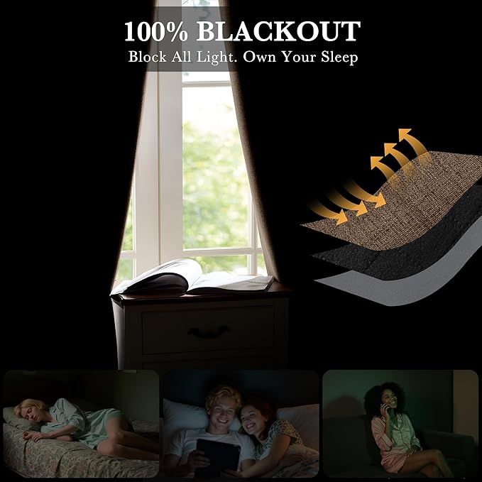 RYB HOME Coffee 100% Blackout Curtains 63 inch Long, Light Blacking & Thermal Insulated Curtains for Nursery/Bedroom/Boys'Room, Back Tab & Rod Pocket Window Treatment, W52 x L63, 2 Panels
