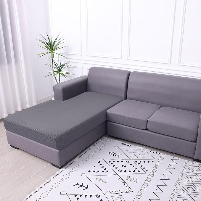 hyha Waterproof Sectional Couch Covers, Non Slip Sofa Couch Cushion Covers L Shape, Thick Stretch Jacquard Fabric, Washable Sofa Slipcovers with Elastic Bottom (1 Piece for Chaise XL, Middle Grey)