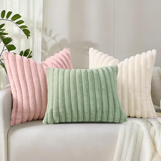 decorUhome Summer Cozy Faux Fur Throw Pillow Covers 18x18 Set of 2 Decorative Soft Plush Striped Modern Farmhouse Boho Couch Pillow Cases with Velvet Back for Sofa Bed Living Room, Sage Green