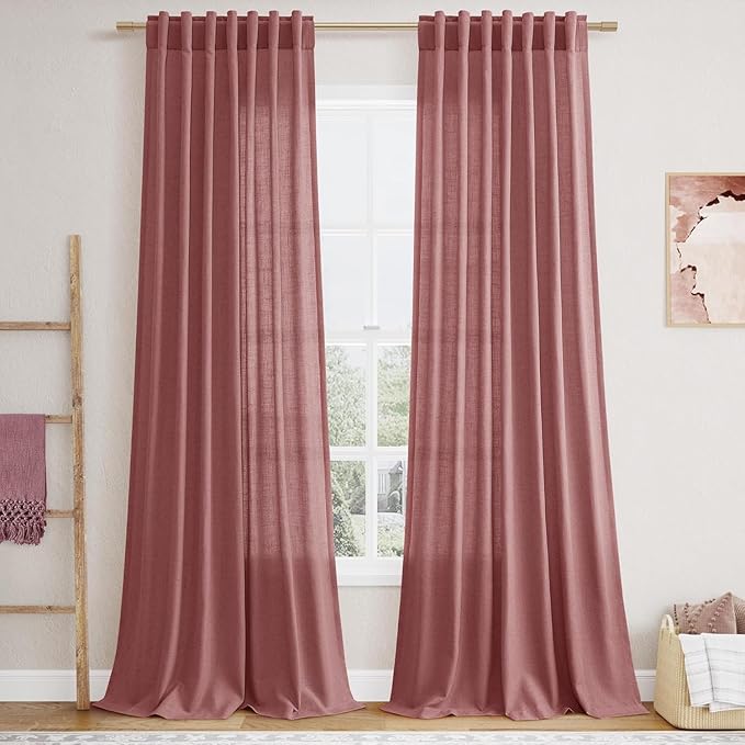 Canyon Rose Linen Curtains for Living Room 105 Inches Long Light Filtering Semi Sheer Curtain Back Tab Modern Farmhouse Decor Elegant Luxury Boho Girl Drapes for Bedroom Dinner Room 52x105, 2 Panels
