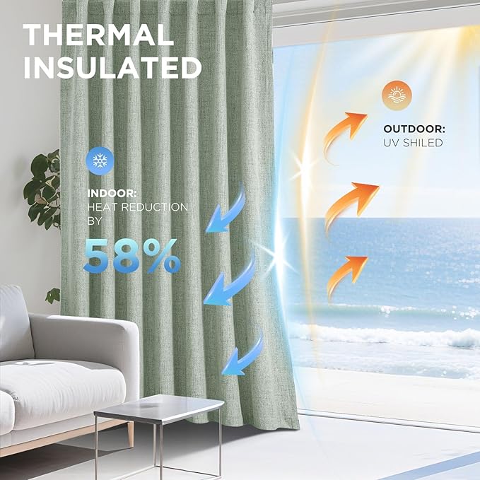 Joydeco Linen Blackout Curtains for Bedroom - 100% Light Blocking 1 Panels, Sage Green Drapes 100" W x 84" L, Thermal Insulated Room Darkening Curtains for Living Room, Rod Pocket & Back Tabs