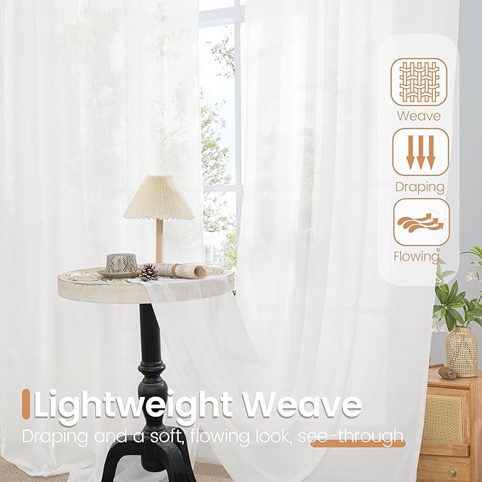 BGment White Semi Sheer Linen Curtains 63 Inch Length for Living Room 2 Panels Set - Rod Pocket Natural Textured Light Filtering Window Drapes for Bedroom Lightweight Rustic, 42 X 63 Inch