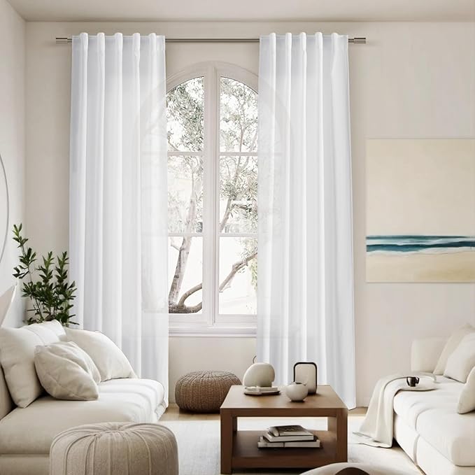 White Linen Sheer Curtains 102 Inches 2 Panels Set Back Tab Rod Pocket Extra Long Semi Sheer Light Filter Vintage Curtain Drapes Room Decor Aesthetic Curtains for Living Room High Window 40x102