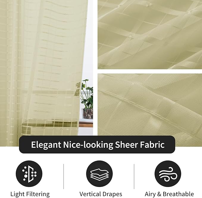 SpaceDresser Check Sheer Curtains 108 Inches 2 Panels Set, Rod Pocket Plaid Window Curtain for Living Room, Sage Green Semi Sheer Drapes for Kitchen Bedroom Children Room Yard（Sage Green, 52W x 108L）