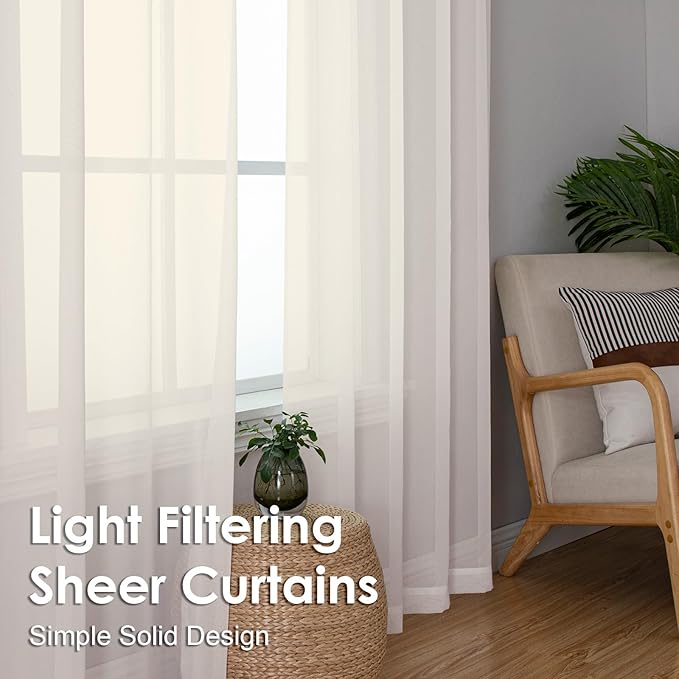 OVZME Cream Sheer Curtains 90 Inches Long 2 Panels - Soft Light Filtering Window Sheer Panels for Living Room/Bedroom, Top Dual Rod Pocket, 1 Pair, Each 42Wx90L Inches