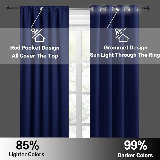 RYB HOME Blackout Curtains for Bedroom Living Room 63 inches Long, Thermal Insulated Privacy Rod Pocket Drapes for Nursery Office Home Theater, Width 42 by Length 63, Marine Blue, 2 Panels