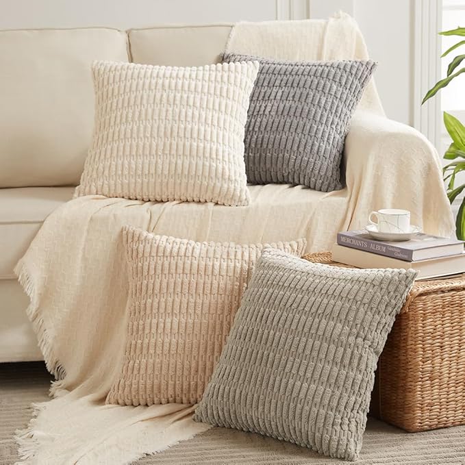 Fancy Homi 4 Packs Grey Decorative Throw Pillow Covers 26x26 Inch for Living Room Couch Bed, Rustic Modern Farmhouse Boho Home Decor, Soft Plush Corduroy Gray Cute Square Accent Cushion Case 66x66 cm