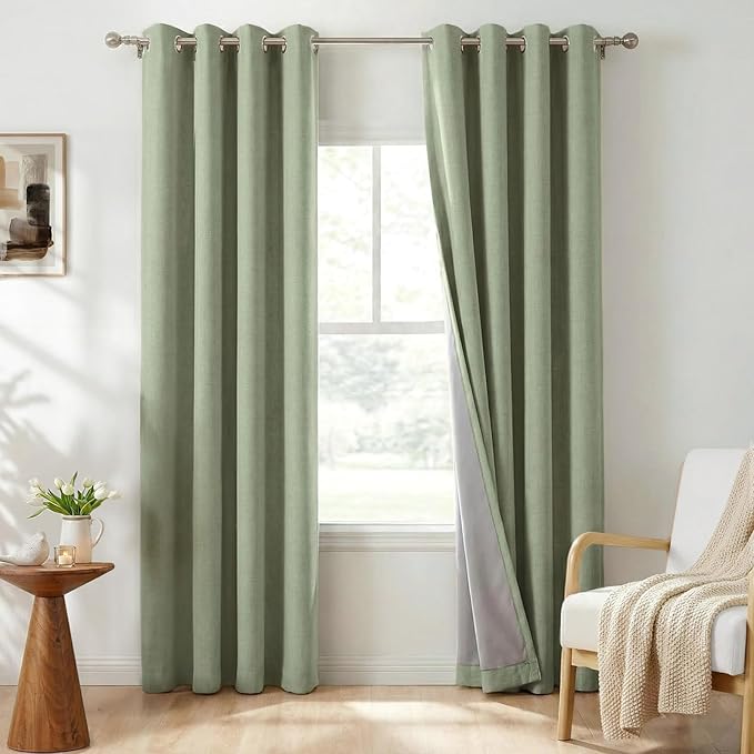 100% Blackout Shield Linen Blackout Curtains for Bedroom, Sage Green Grommet Curtains for Living Room, Thermal Insulated Room Darkening Drapes for Nursery, Boho Home Decor, 50" W x 72" L, 2 Panels