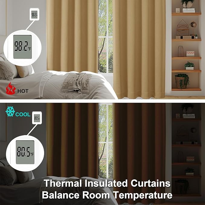 Simplebrand Ava Gold Blackout Curtains for Bedroom 63 Inch Length 2 Panels Set, Solid Thermal Insulated Energy Saving Rod Pocket Window Treatment Curtains Blackout Drapes, W40 x L63 Inch, Gold