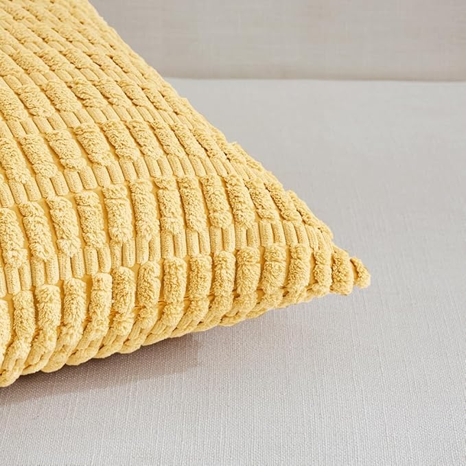 Fancy Homi 4 Packs Yellow Spring Decorative Throw Pillow Covers 16x16 Inch for Living Room Couch Bed Sofa, Rustic Farmhouse Boho Home Decor, Soft Striped Corduroy Square Cushion Case 40x40 cm