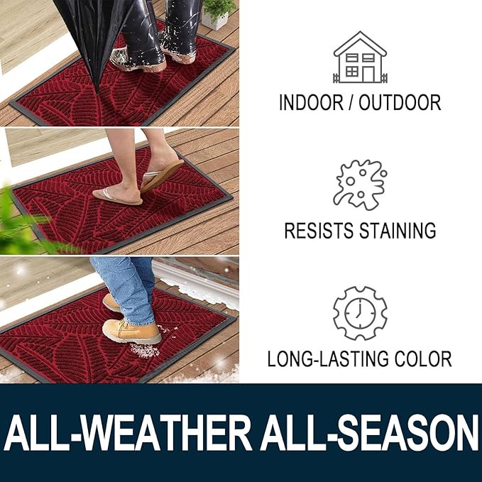 Colorxy Waterproof Doormat, Sturdy Natural Rubber Front Indoor Mat, Non Slip Low Profile Indoor Outdoor Door Mats, Stain and Fade Resistant Floor Mat, Easy Clean Patio Entry Mat, 59''x23'', Burgundy