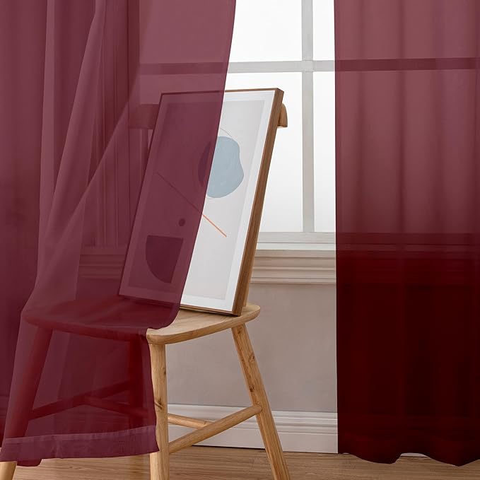 Simplebrand Red Sheer Curtains 84 Inches Long, Light Filtering Rod Pocket Solid Color Window Sheer Curtain Panels, Elegant Curtains & Drapes for Living Room, Bedroom 2 Panels (Burgundy, 42" W x 84" L)