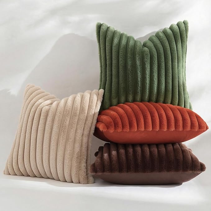 decorUhome Cozy Faux Fur Throw Pillow Covers 24x24 Set of 2 Decorative Soft Plush Striped Modern Farmhouse Boho Couch Euro Sham Pillow Cases with Velvet Back for Sofa Bed Living Room, Khaki Brown
