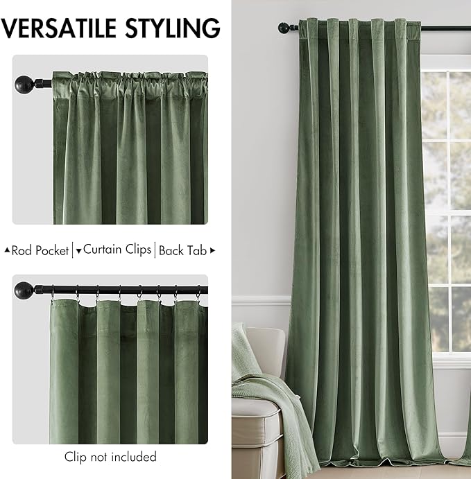 MIULEE Sage Green Velvet Curtains 96 inches Long - Luxury Blackout Curtains for Bedroom Living Room Thermal Insulated Super Soft Window Drapes Back Tab Rod Pocket, W52 x L96 inches, 2 Panels