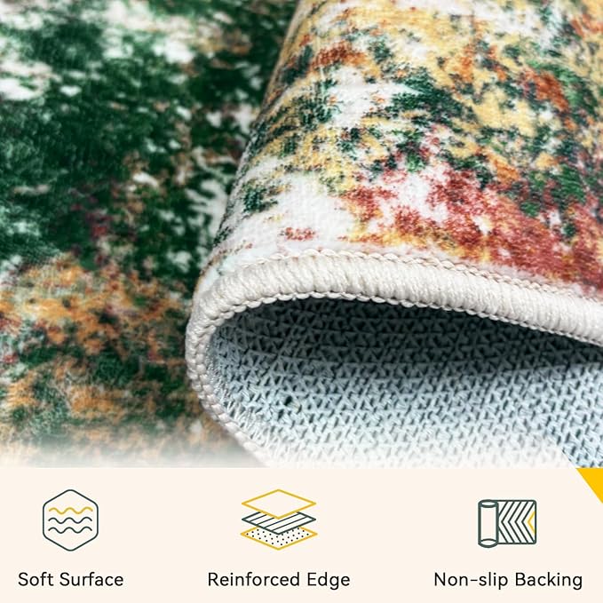 Washable Area Rugs 8'x10' Non-Slip Modern Abstract Soft for Living Room Entryway Bedroom Nursery, Print Pattern, Green Orange Rust Red Cream Colorful