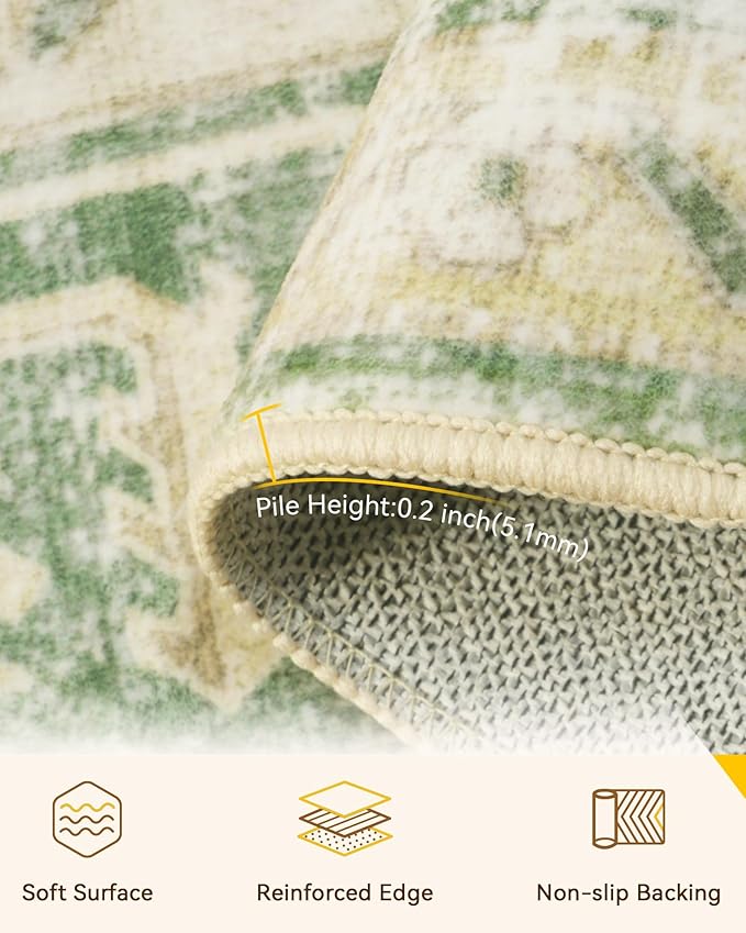 RELEANY Area Rugs 10'x14' Washable Non-Slip, Floral Vintage Distress Print Pattern Medallion Carpet for Living Room Bedroom Dining Room, Sage Green Yellow