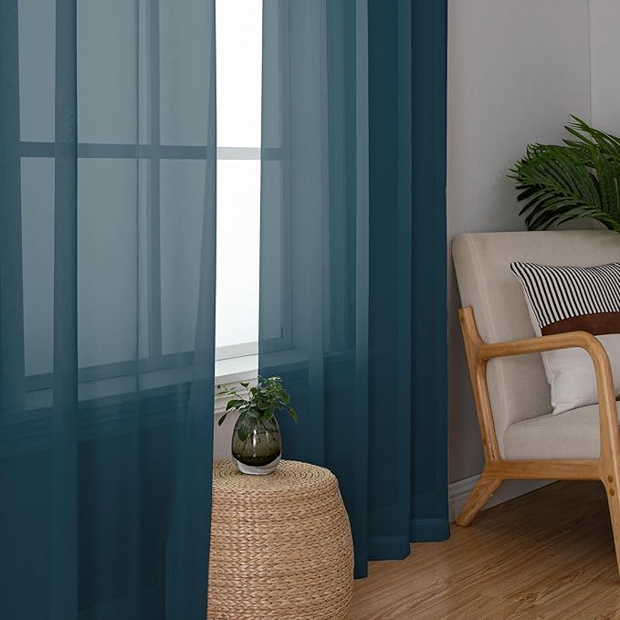 Chyhomenyc Stone Blue Sheer Curtains 54 Inch Long 2 Panels, Light Filtering Rod Pocket Voile Short Curtains Drapes for Living Room Bedroom Small Windows, 42Wx54L Inches