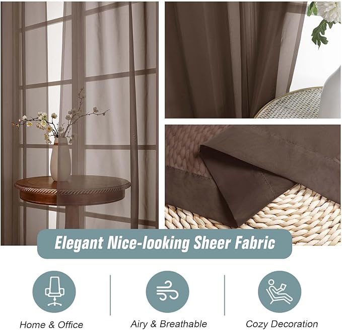 Chocolate Sheer Curtains for Window 96 Inches Long 2 Panels Set, Soft Airy Light Filtering Voile Sheer Curtains for Living Room Bedroom, Dual Rod Pocket Elegant Window Drapes, 2x42Wx96L Inches