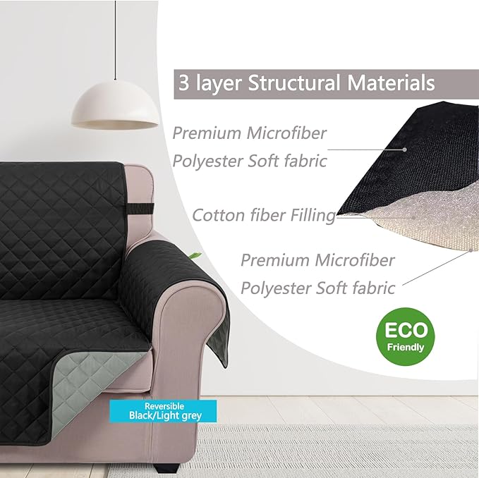 U-NICE HOME Recliner Chair Covers Reversible Quilted Water Repellent Pet Protectors with Elastic Straps (23''Recliner Small, Black/Grey)