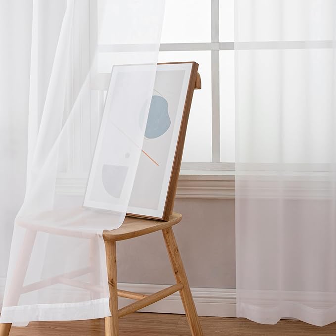 Simplebrand Sheer White Curtains 96 Inches Long, Light Filtering Rod Pocket Solid Color Window Sheer Curtain Panels, Elegant Curtains & Drapes for Living Room, Bedroom 2 Panels (White, 59" W x 96" L)