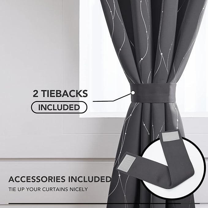 Deconovo Grey Blackout Curtains for Bedroom, Thermal Insulated Soundproof Drapes, Wave Dots Foil Print, 42 x 84 Inches Long, 2 Panels, Machine‑Washable Privacy Window Panel for Living Room Patio Door