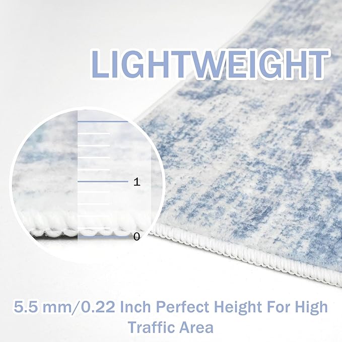 IOHOUZE Abstract Area Rugs 6x9 Ft Washable Rugs for Living Room, Non Slip Dining Room Rug, Printed Faux Wool Rugs for Bedroom, Floor Carpet for Office Nursery Playroom, Light Blue Grey