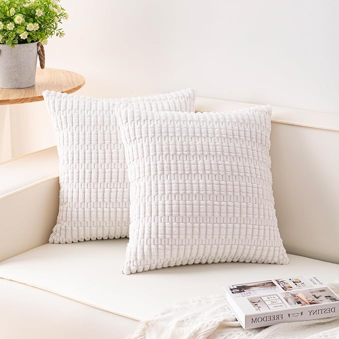 Pack of 2 Corduroy Decorative Throw Pillow Covers 16x16 Inch Soft Striped Pillow Covers Modern Farmhouse Home Decor for Sofa Living Room Couch Bed（White）