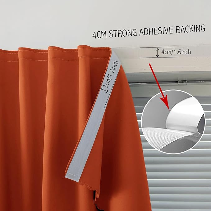 Self Adhesive Curtains Portable Blackout Curtain Simple and Easy to Install Bedroom Window Thermal Lnsulated Kitchen Room Darkening Black Small Drapes, 35" W X 71" L, Orange, 1 Panel