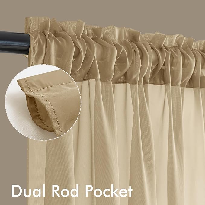 MIULEE Beige Sheer Curtains 108 Inches Long, 4 Panels Set, Rod Pocket Voile Drapes Light Filtering and Semi Transparent, Elegant Window Treatments for Bedroom Living Room,54 x 108 Inches
