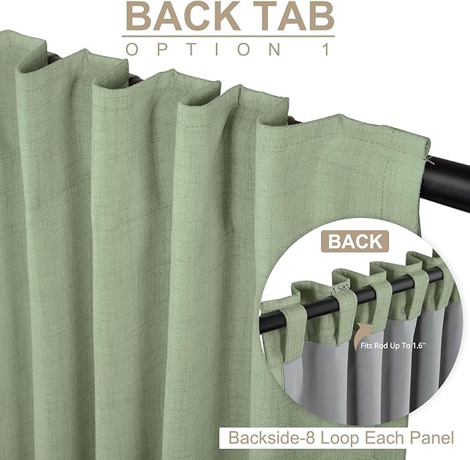100% Blackout Shield Linen Blackout Curtains for Bedroom 84 Inches Long, Back Tab/Rod Pocket Living Room Drapes, Thermal Insulated Blackout Curtains 1 Panel Set, 100" W x 84" L, Sage