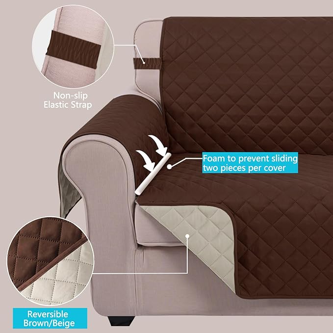 U-NICE HOME Reversible Sofa Cover Couch Cover for Dogs with Elastic Straps Water Resistant Furniture Protector for Pets Couch Cover for 3 Cushion Couch (Sofa, Brown/Beige)