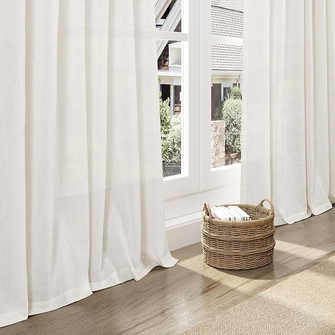 Nanspring 24 Inch Linen Curtains for Kitchen Beige White Small Window Semi Sheer Curtains Back Tab and Rod Pocket Light Filtering Drapes for Basement Short Cafe Curtain 30 x 24 Inch, 2 Panels