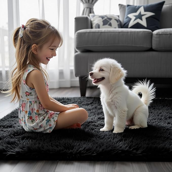 Black Rug Super Soft Shaggy 4x6 Feet Rugs for Bedroom, Fluffy Area Rug for Living Room Floor Rug, Fuzzy and Comfy Carpet Nursery Shag Rug for Kids Boys Room Decor(4 x 6, Black)